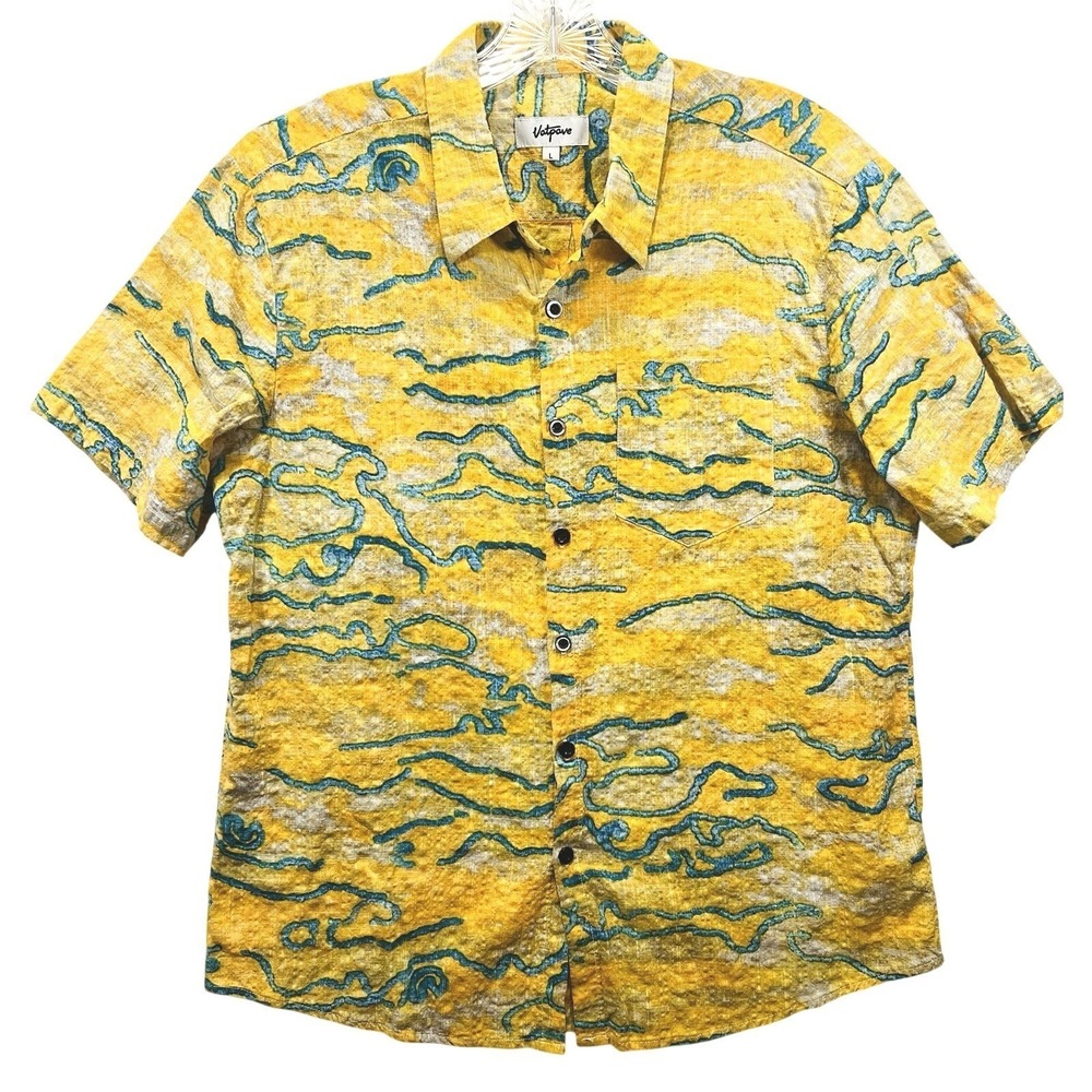 Vatpave Large Reverse Print Button Up Shirt Yellow Textured Short Sleeve Pocket
